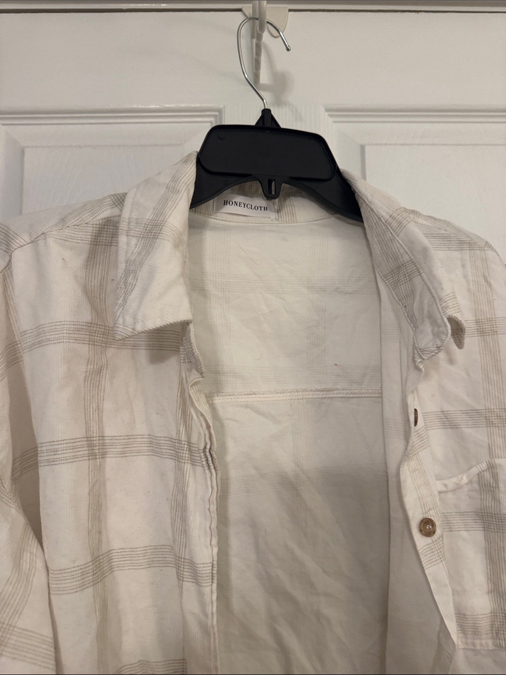 HoneyCloth Relaxed White and Beige 100% Cotton Plaid Button-Down Shirt - Women - Picture 8 of 11
